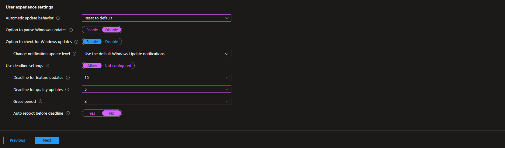 Configuring user experience settings for the update ring